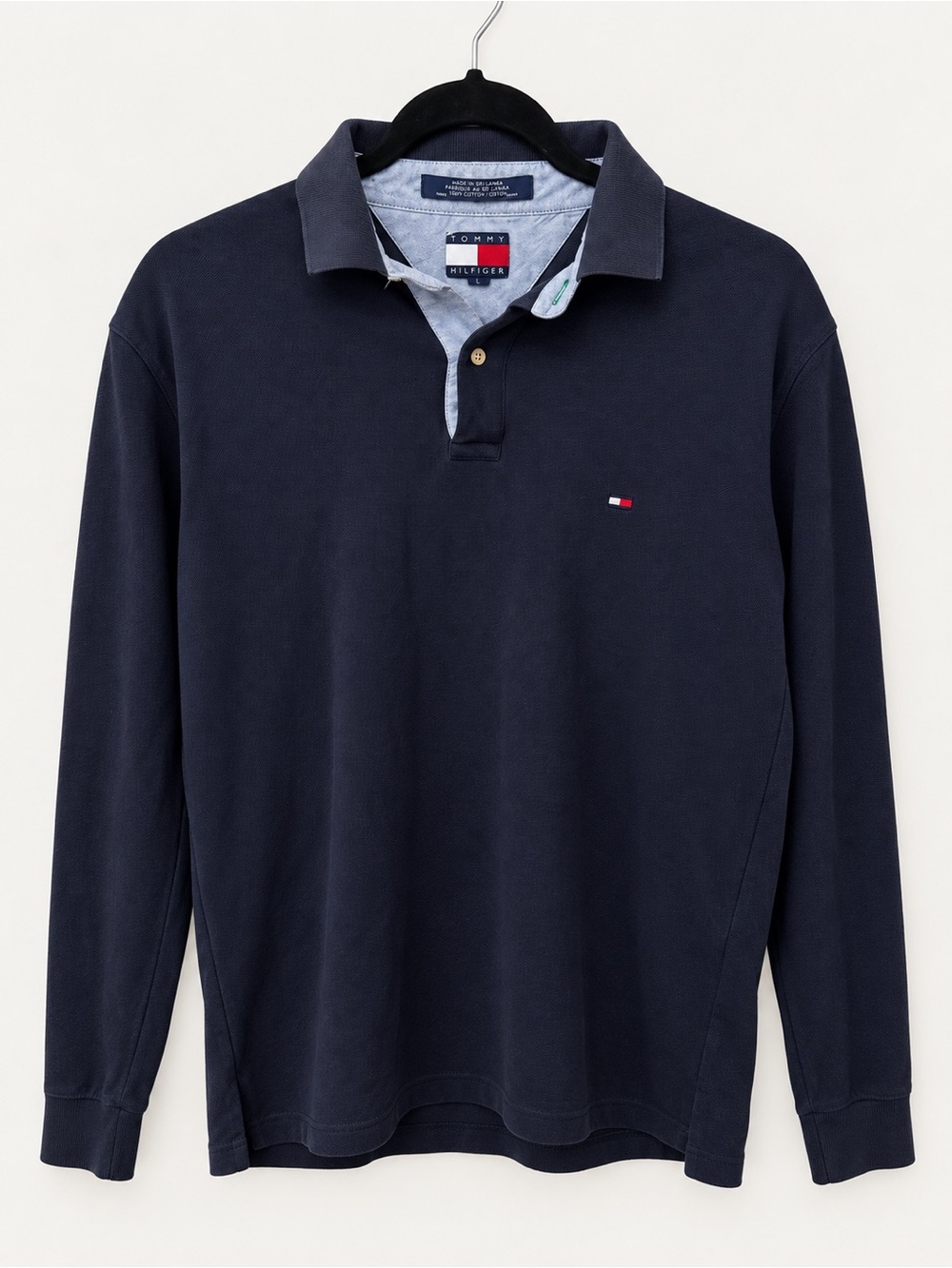 Vintage Tommy Hilfiger Men’s Long Sleeve Polo Shirt Navy Blue Flag Logo Size L